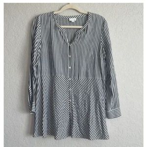 J Jill Black/White Stripe Tunic Rayon Long Roll Tab Sleeve Button